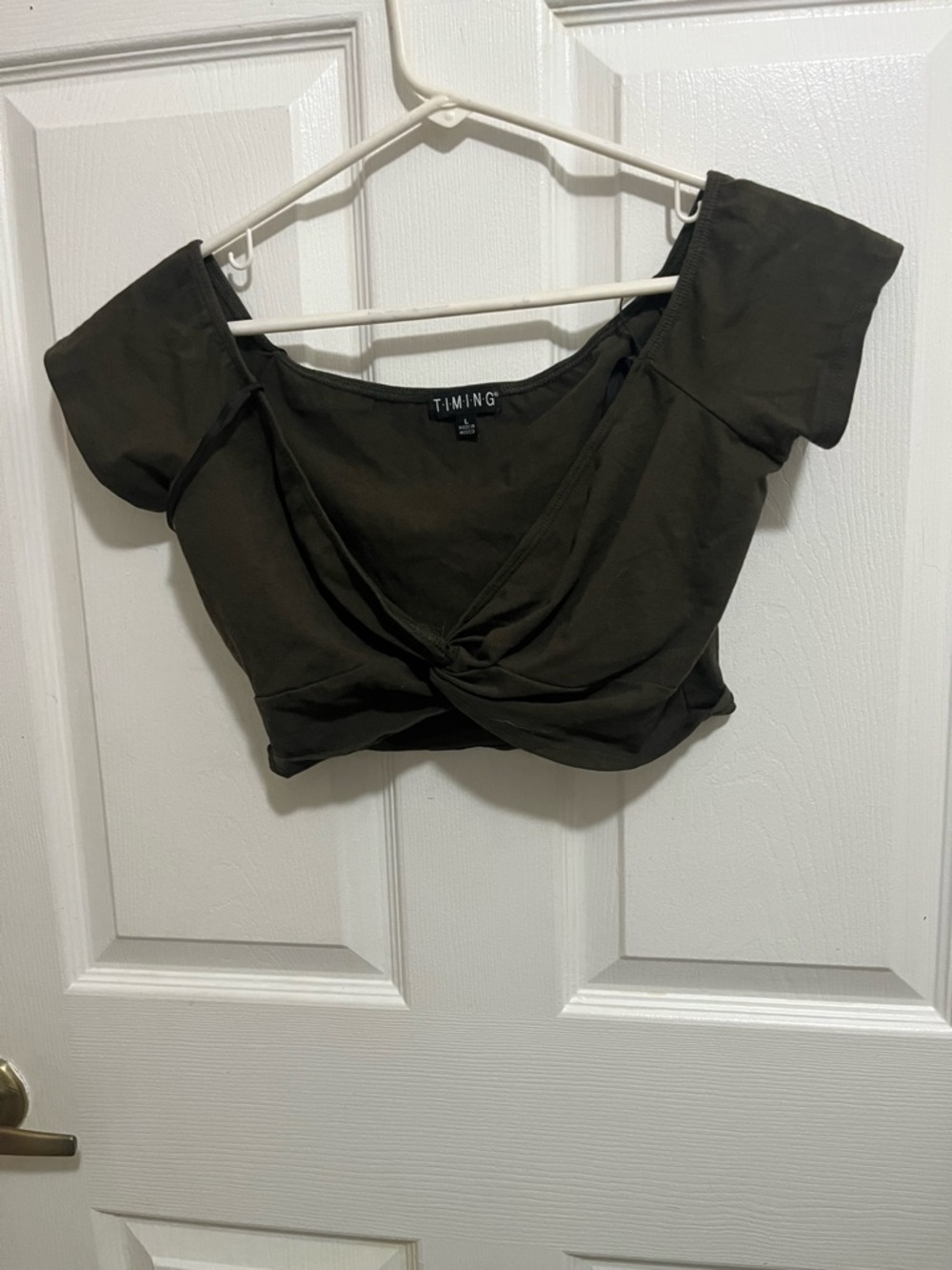 TIMING Dark Olive Twist-Front Off-Shoulder Crop Top